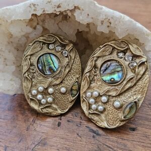 Vintage Abstract Abalone Shell, Faux Pearl, Rhinestone Earrings In Antiqued Gold